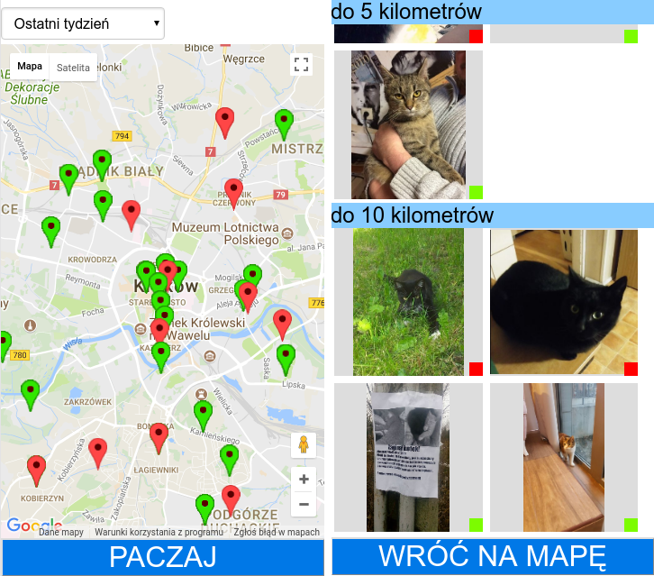 Two views on mobile: 1. map with pins, 2. list of animals